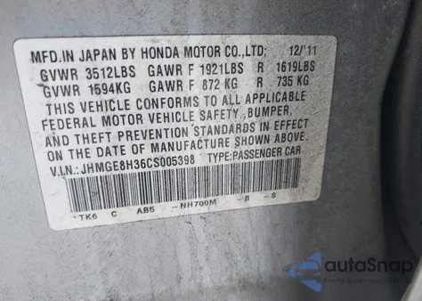 2012 Honda Fit from USA, damaged, VIN JHMGE8H36CS005398